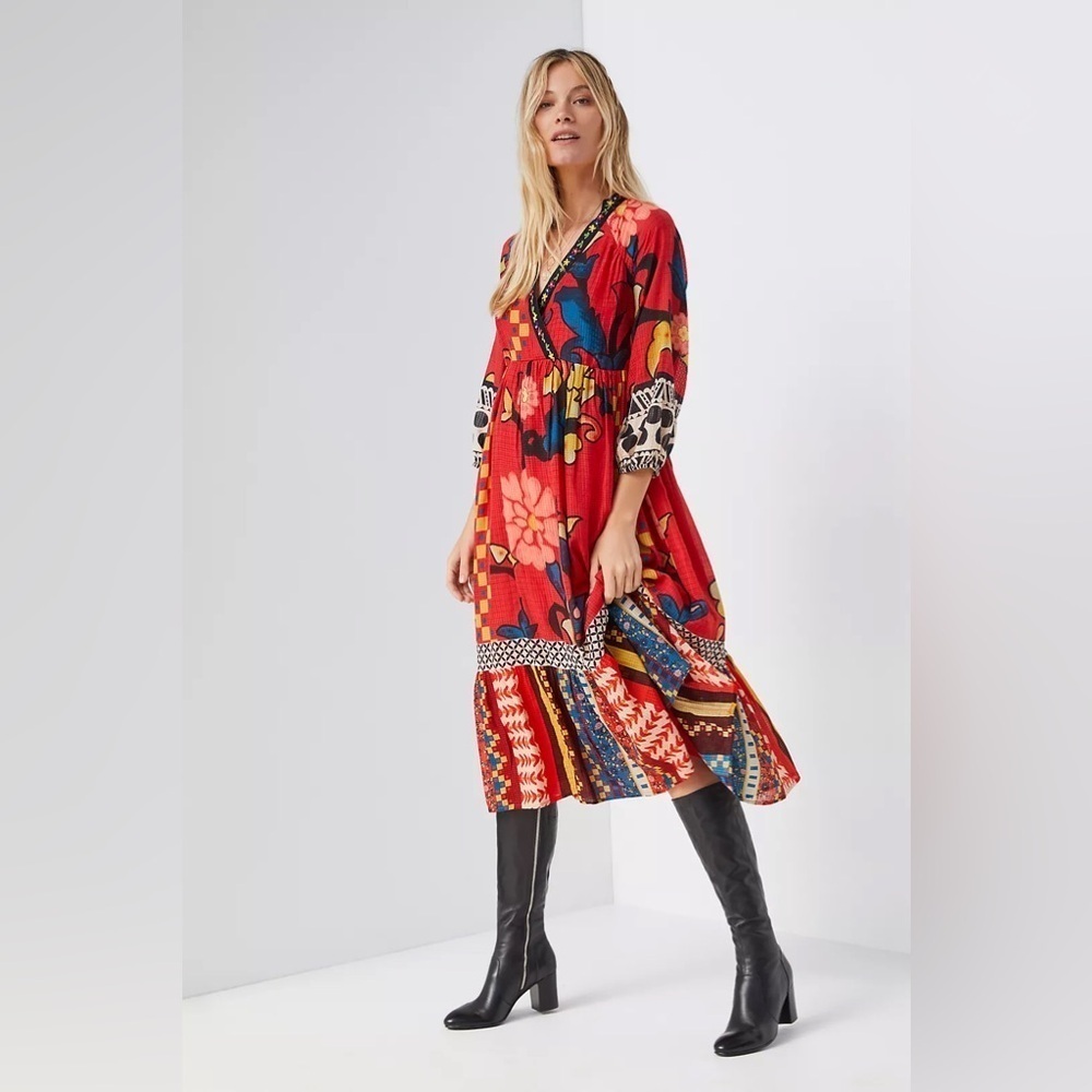 NWOT Anthropologie Verb Rare Cayenne Red Boho Colorful Floral Midi Dress sz 10